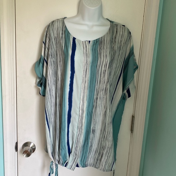 Noogat button up draw string hem striped tunic blouse NWT - Picture 1 of 4